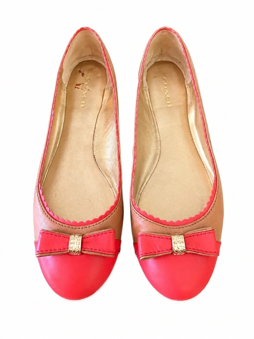 Coach Colorblock Leather Ballet Flats Coral Pink & Tan Bow Shoes Size 36 - Picture 1 of 15